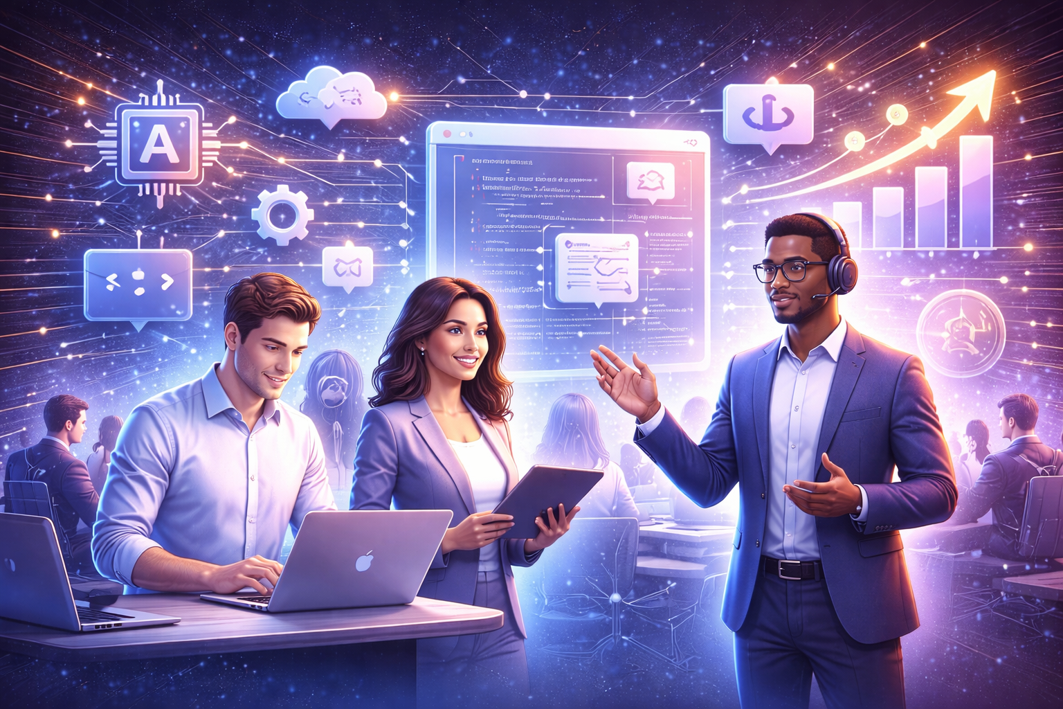 Impulsa el talento tecnológico de tu organización. Imagen tecnológica para impulsar el talento tecnológico en la organización, upskilling, reskilling, formación corporativa, transformación digital, equipos IT, innovación