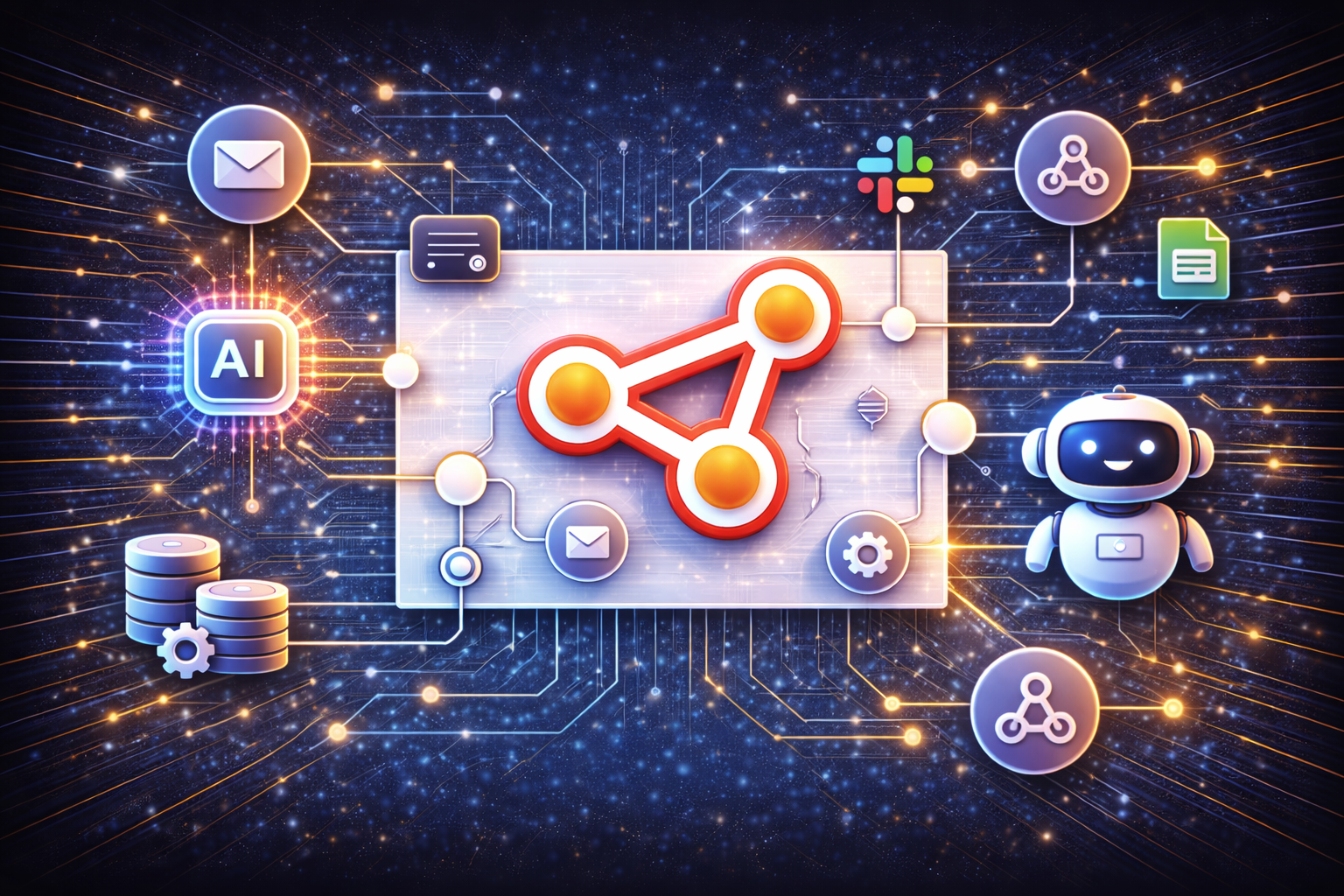 Automatización de tareas con IA en n8n. Imagen tecnológica para automatización de tareas con IA en n8n, workflows, integración de apps, automatización, agentes IA, webhooks, ETL, productividad