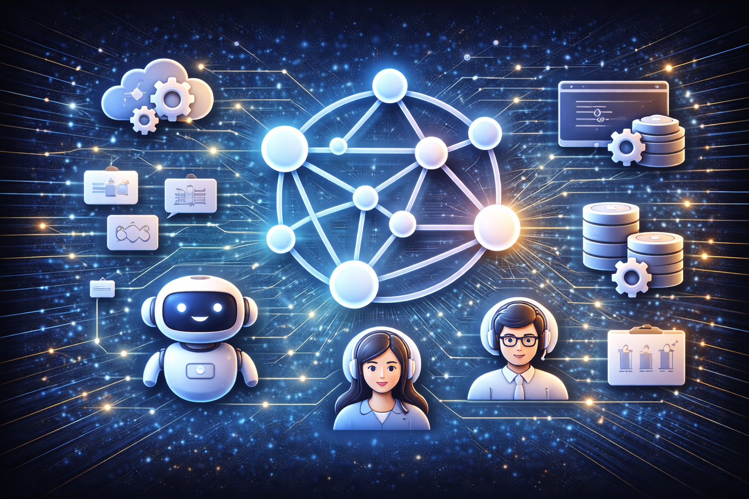 Agentes de IA con LangGraph: diseño, arquitectura y despliegue. Imagen tecnológica para curso de agentes de IA con LangGraph, orquestación basada en grafos, workflows, multiagente, herramientas, memoria, despliegue en la nube