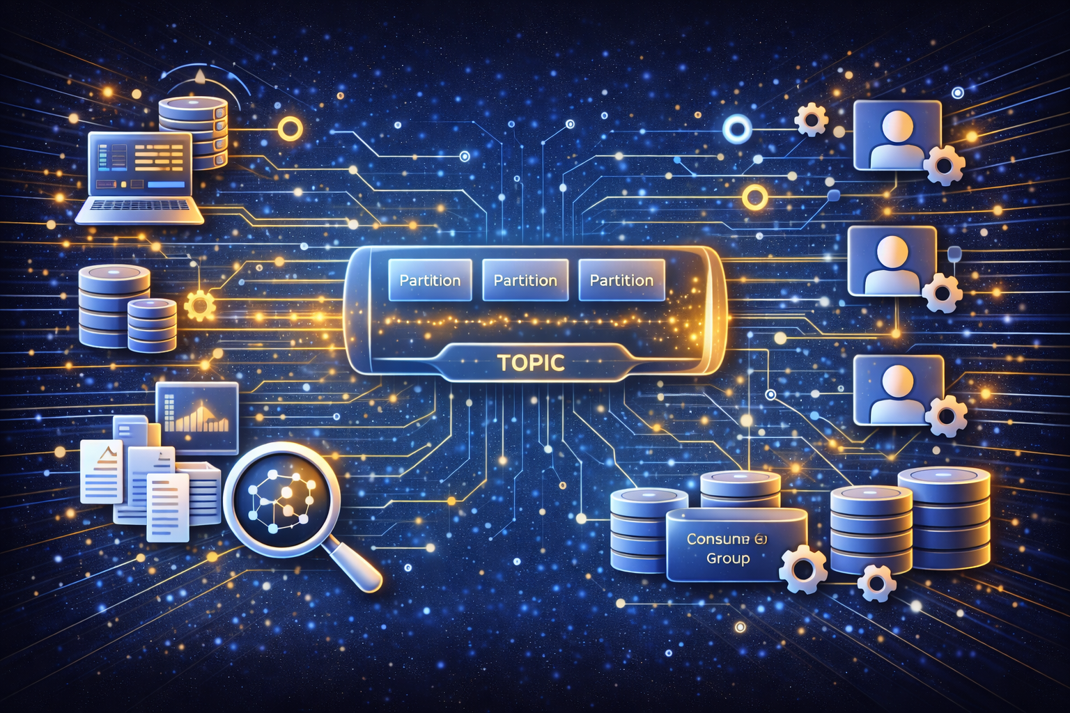 Curso de Apache Kafka para Data Streaming: Fundamentos, Producers/Consumers y Casos de Uso. Imagen tecnológica para curso de Apache Kafka, data streaming, event streaming, topics y partitions, producers y consumers, consumer groups, procesamiento en tiempo real