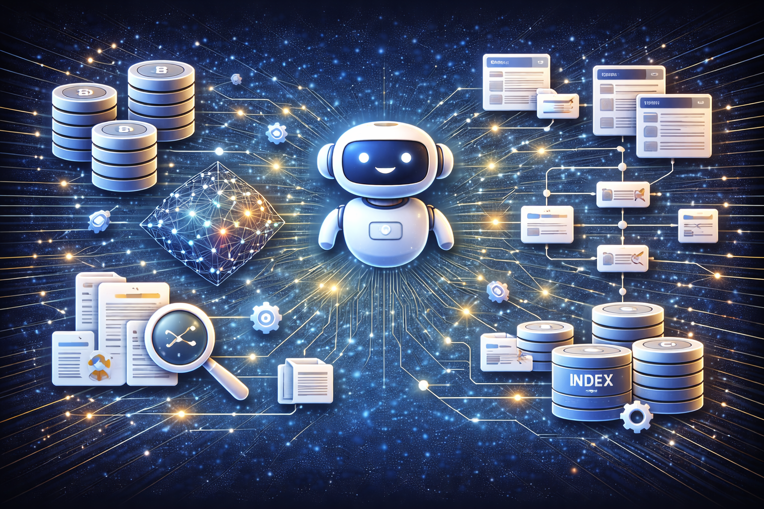 : Bases de Datos Vectoriales y Recuperación Aumentada (RAG) con LLMs. Imagen tecnológica para curso de bases de datos vectoriales y RAG con LLMs, embeddings, búsqueda semántica, recuperación aumentada, vector database, indexación, chatbots