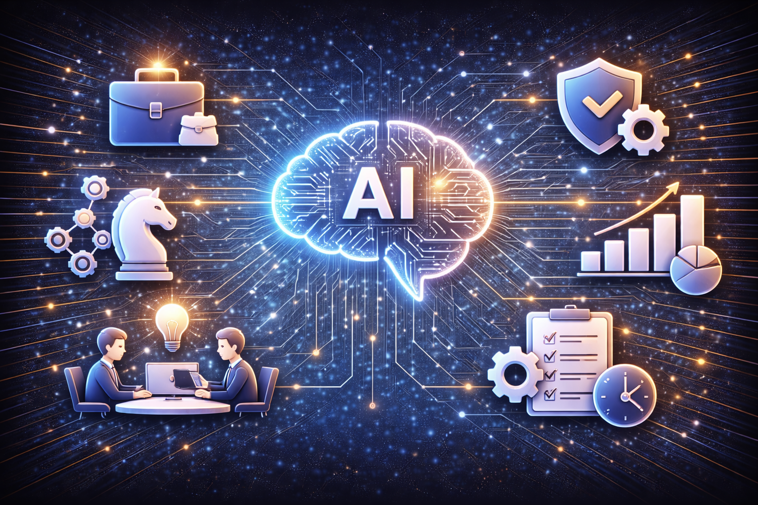 Curso de IA para Ejecutivos no Técnicos. Imagen tecnológica para curso de IA para ejecutivos no técnicos, estrategia de IA, casos de uso, productividad, gobernanza, riesgos y seguridad, toma de decisiones