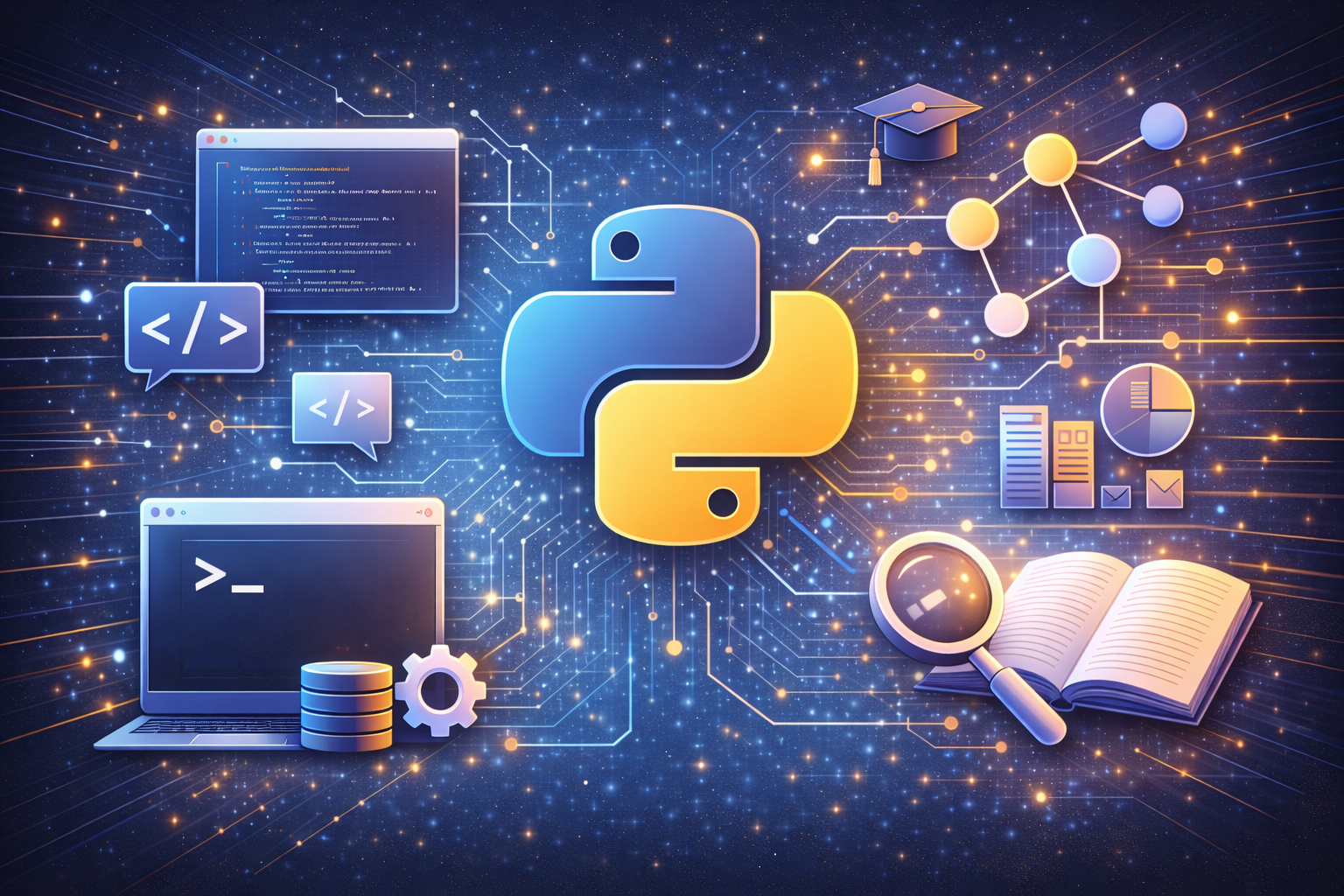 Curso de Iniciación a Python. Imagen tecnológica para curso de iniciación a Python, programación desde cero, fundamentos de Python, variables, estructuras de control, funciones, scripts