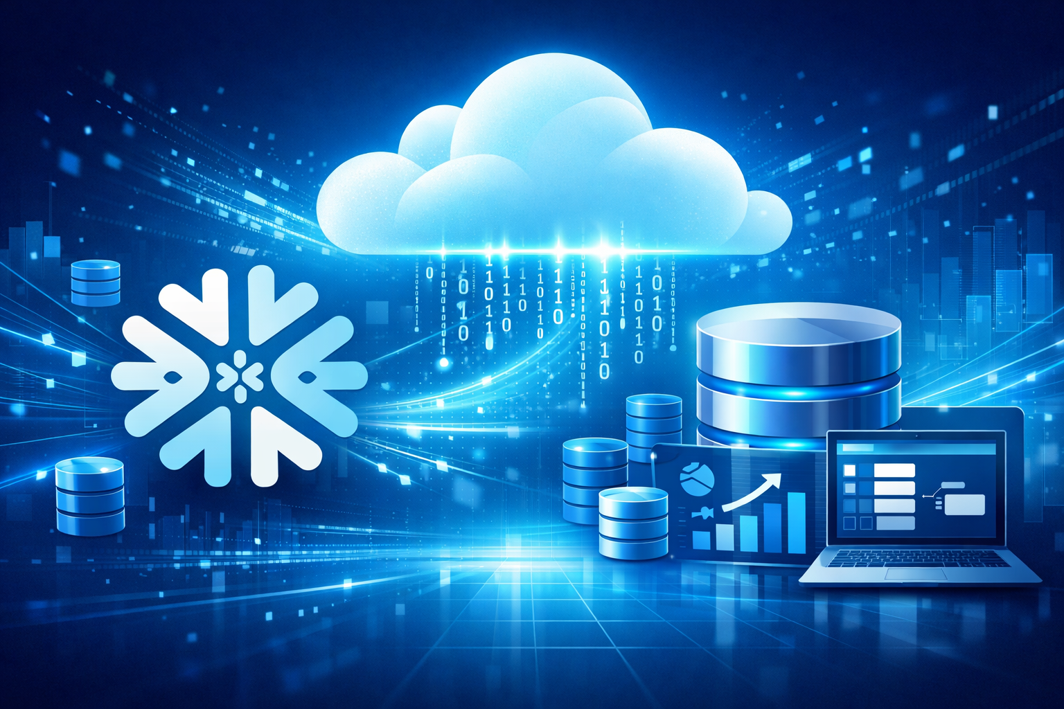Introducción a Snowflake. Ilustración tecnológica de Snowflake y data warehouse en la nube con bases de datos, analítica y flujo de datos (cloud data warehouse, Snowflake, data warehousing).