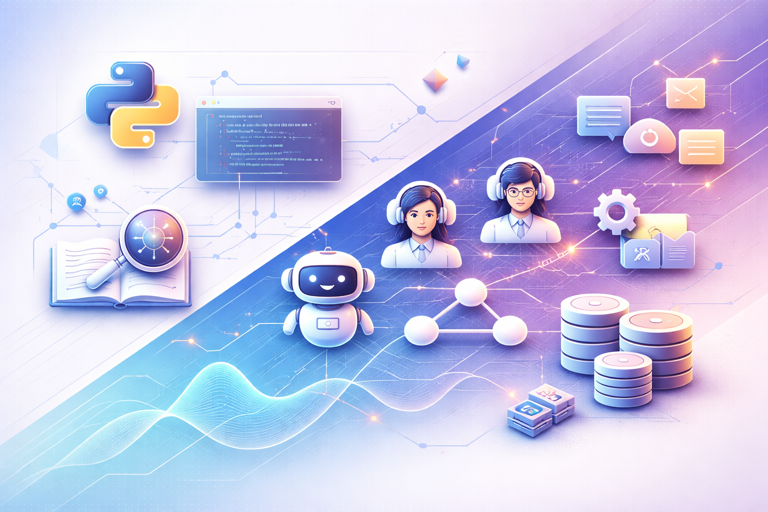 Introducción a LLMs y Agentes con Python: posibilidades, límites y frameworks. Imagen tecnológica para curso de introducción a LLMs y agentes con Python, frameworks de agentes, orquestación, prompts, herramientas, RAG, APIs, automatización