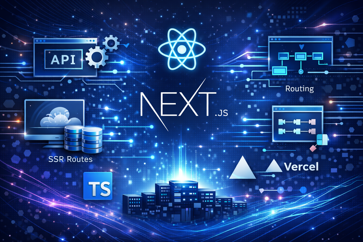 Curso de Aplicaciones Web con Next JS. Imagen tecnológica para curso de Next.js, aplicaciones web, React, SSR, SSG, routing, API routes, TypeScript, despliegue en Vercel