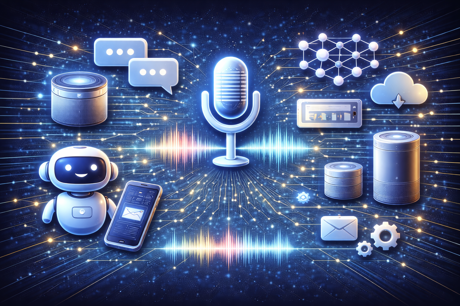 Curso de Asistentes de Voz con IA. Imagen tecnológica para curso de asistentes de voz con IA, reconocimiento de voz, speech to text, text to speech, NLP, chatbots, automatización por voz