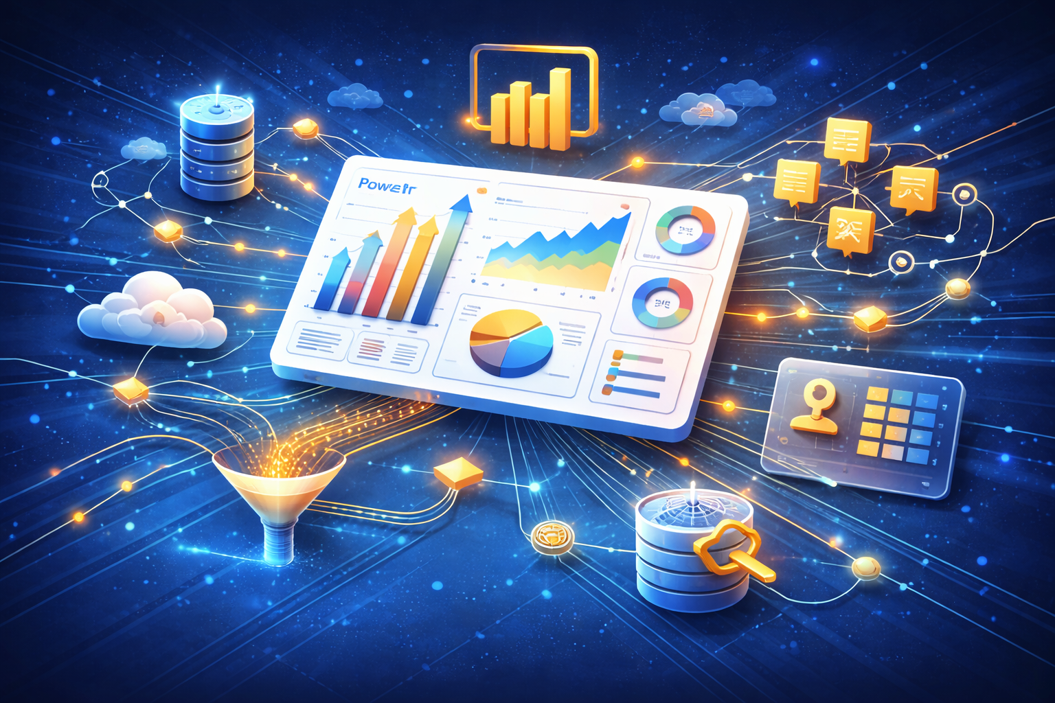 Curso Avanzado de Power BI. Imagen tecnológica para curso avanzado de Power BI, dashboards, modelado de datos, DAX, Power Query, BI, reporting, visualización de datos