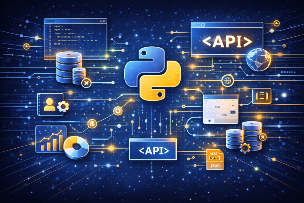 Curso de Creación de APIs con Python. Imagen tecnológica para curso de creación de APIs con Python, API REST, FastAPI, Flask, endpoints, JSON, autenticación, documentación OpenAPI