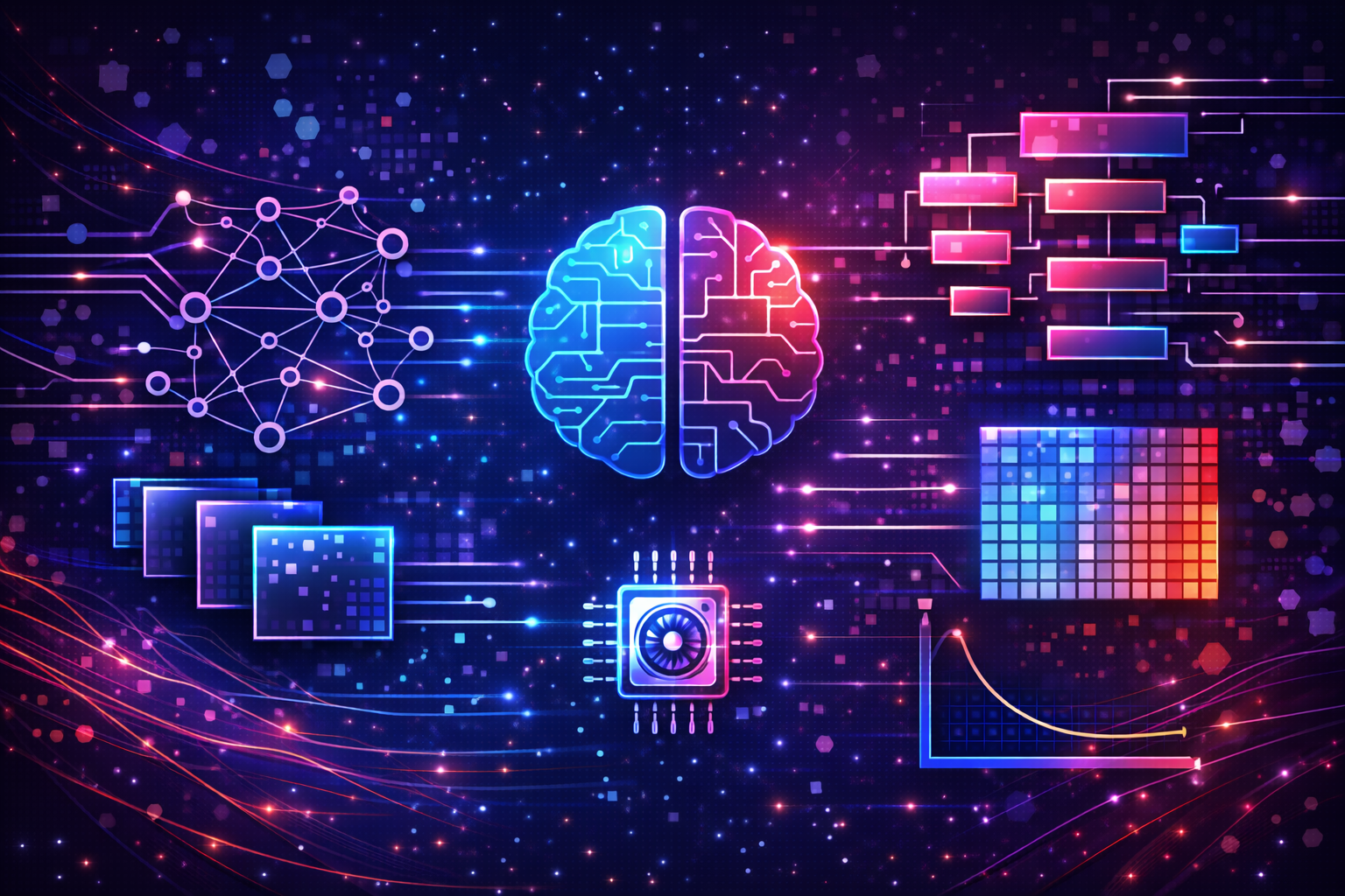 Curso de Deep Learning asistido con IA. Imagen tecnológica para curso de deep learning asistido con IA, inteligencia artificial, redes neuronales profundas, visión por computador, NLP, entrenamiento de modelos