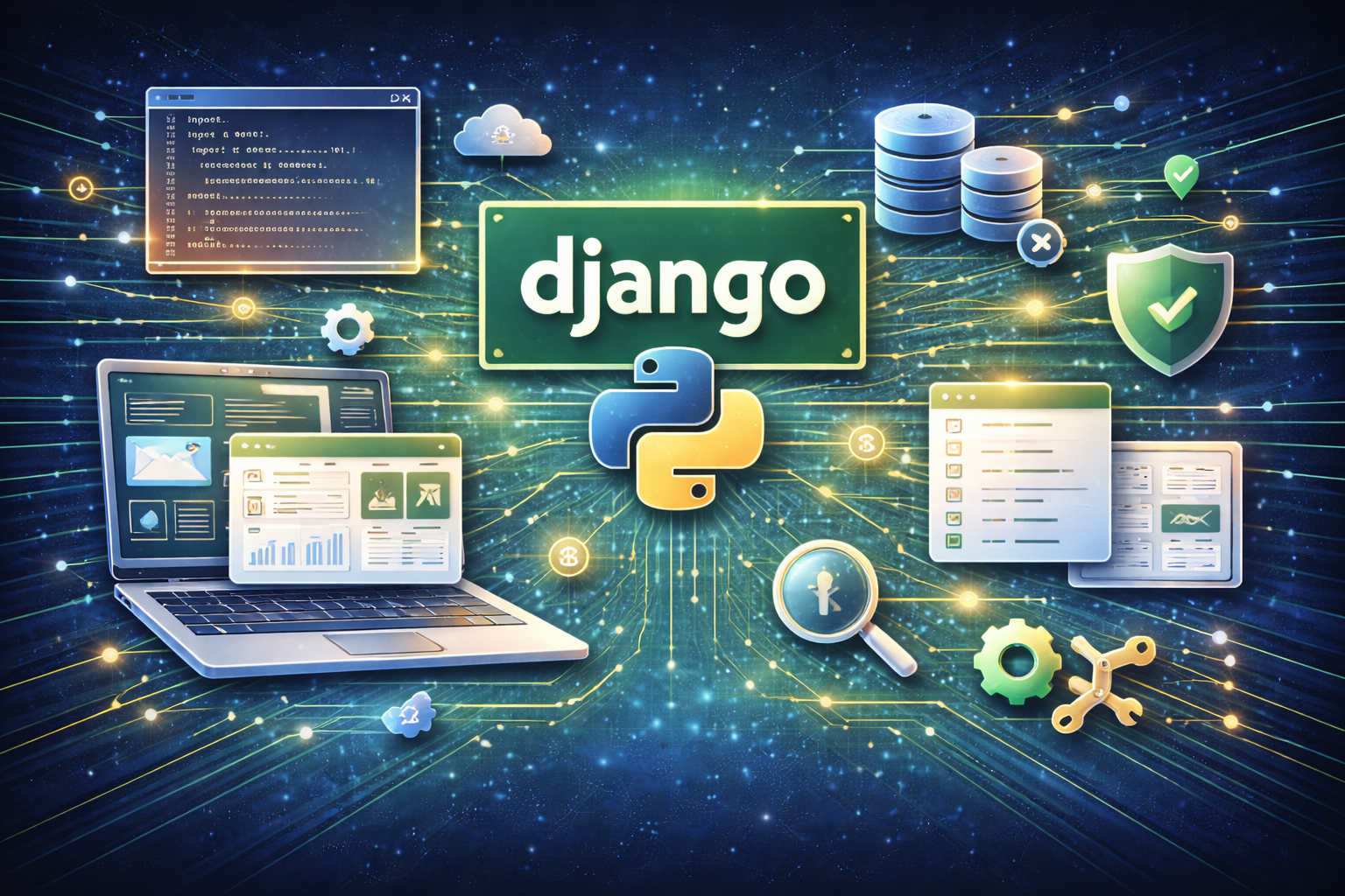 Curso de Desarrollo Web con Django. Imagen tecnológica para curso de desarrollo web con Django, Python, framework web, backend, CRUD, ORM, autenticación, bases de datos, despliegue