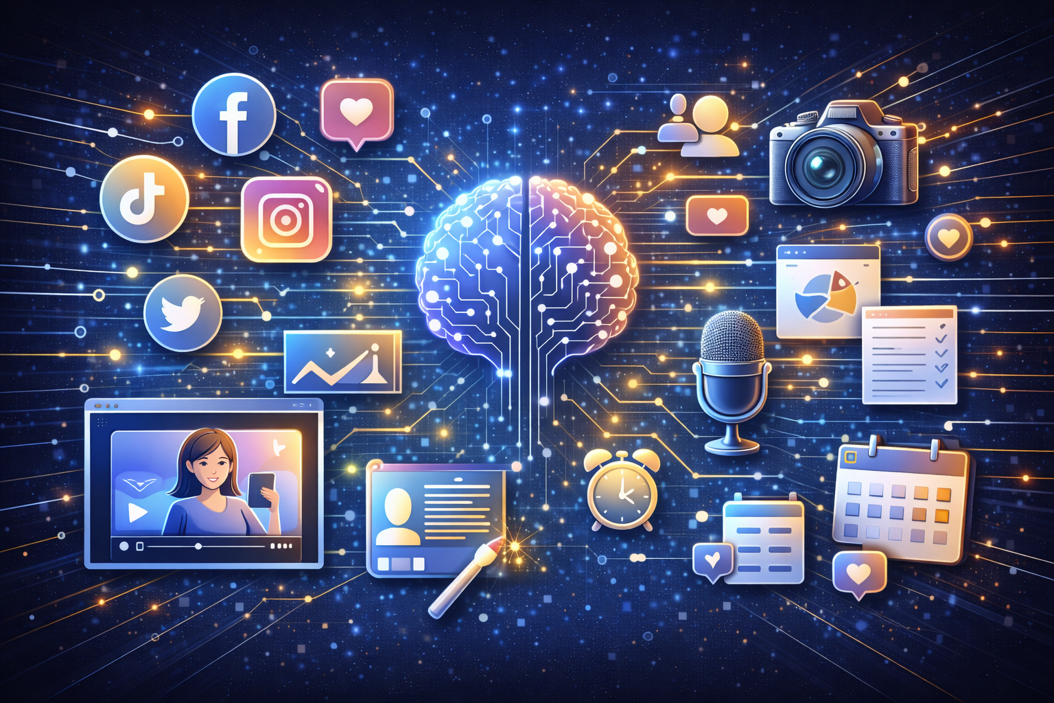 Curso de IA para Redes Sociales y Creadores de Contenido. Imagen tecnológica para curso de IA para redes sociales y creadores de contenido, IA generativa, creación de contenido, automatización, calendarios de publicación, analítica y engagement