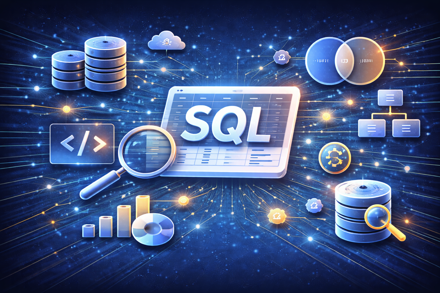 Curso de Iniciación a SQL. Imagen tecnológica para curso de iniciación a SQL, bases de datos, consultas SQL, SELECT, WHERE, ORDER BY, fundamentos de bases de datos relacionales