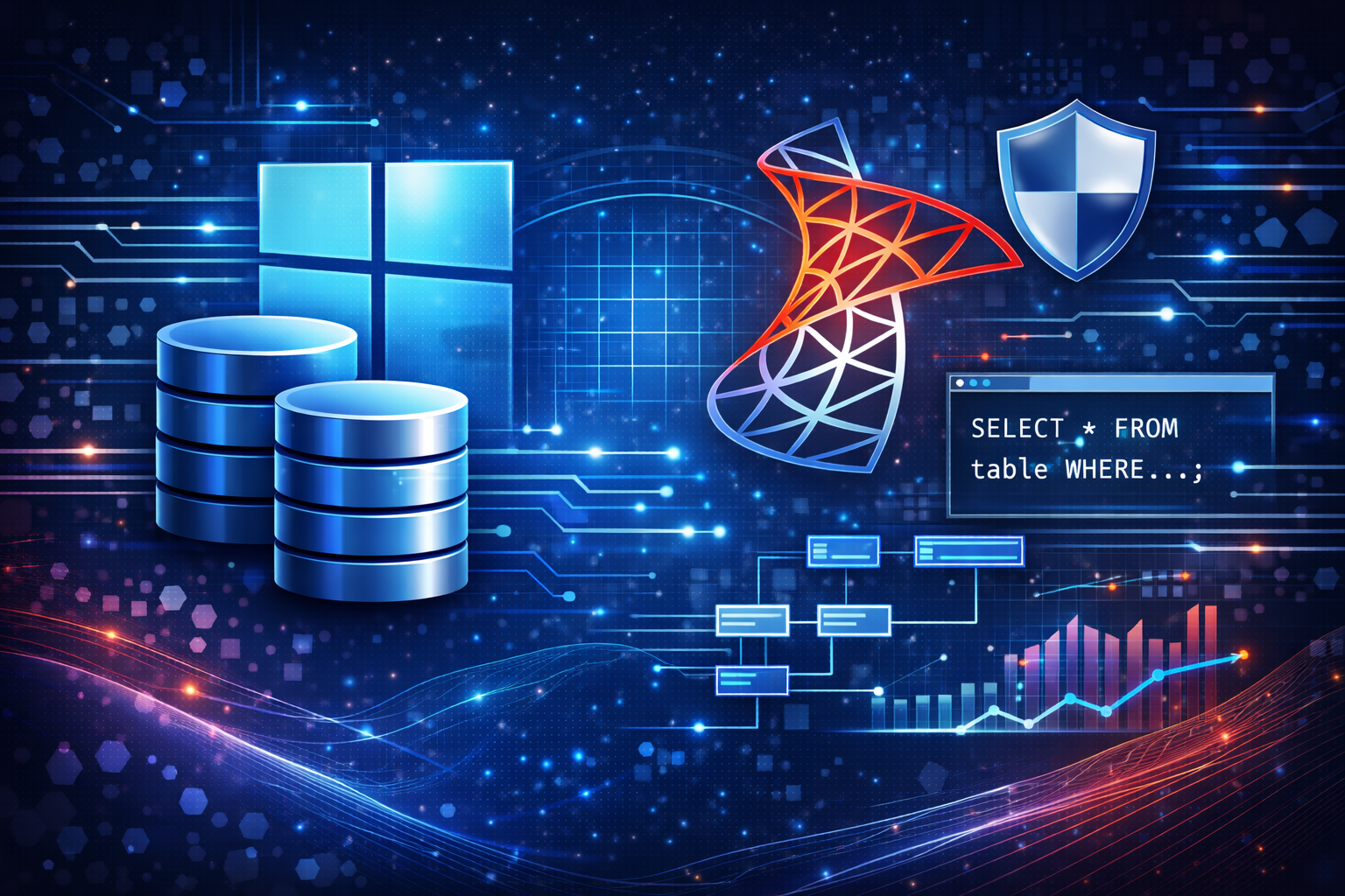 Curso de Microsoft SQL Server. Imagen tecnológica para curso de Microsoft SQL Server, bases de datos relacionales, T-SQL, consultas SQL, administración, rendimiento y seguridad