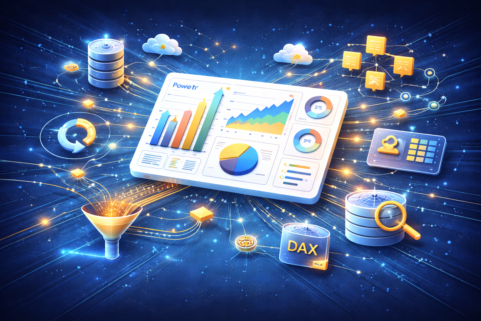 Curso de Power BI. Imagen tecnológica para curso de Power BI, dashboards, visualización de datos, Power Query, DAX, modelado de datos, BI y reporting