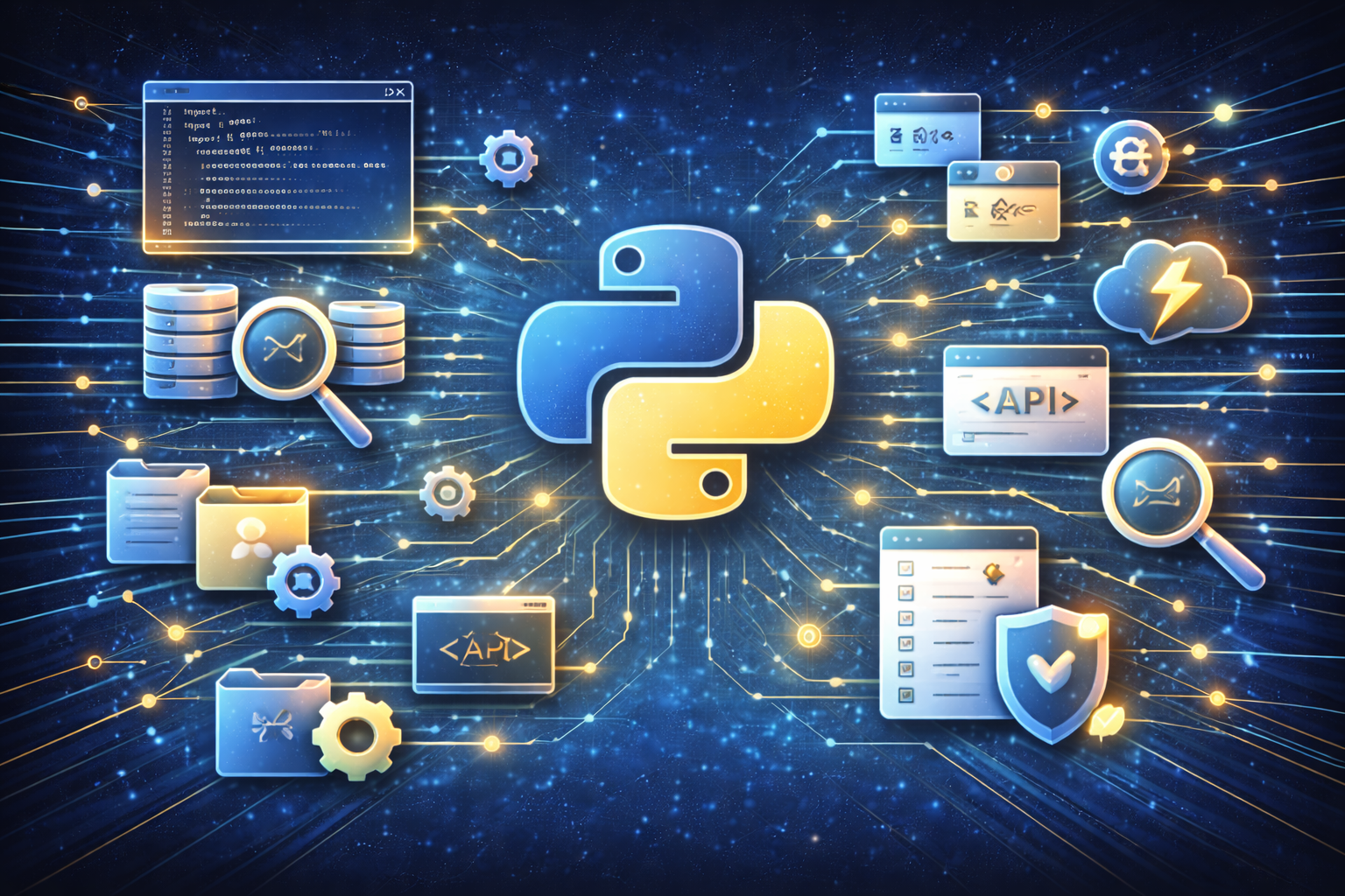 Curso de Python Intermedio. Imagen tecnológica para curso de Python intermedio, programación en Python, POO, módulos, manejo de archivos, APIs, testing, async, buenas prácticas