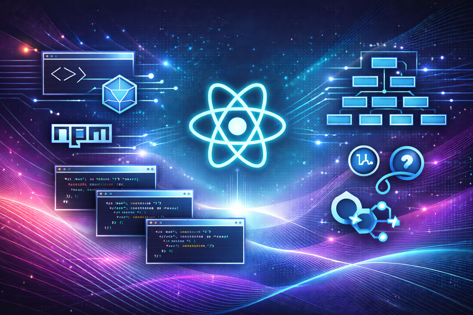 Curso de React JS. Imagen tecnológica para curso de React JS, desarrollo frontend, JavaScript, componentes, hooks, JSX, SPA