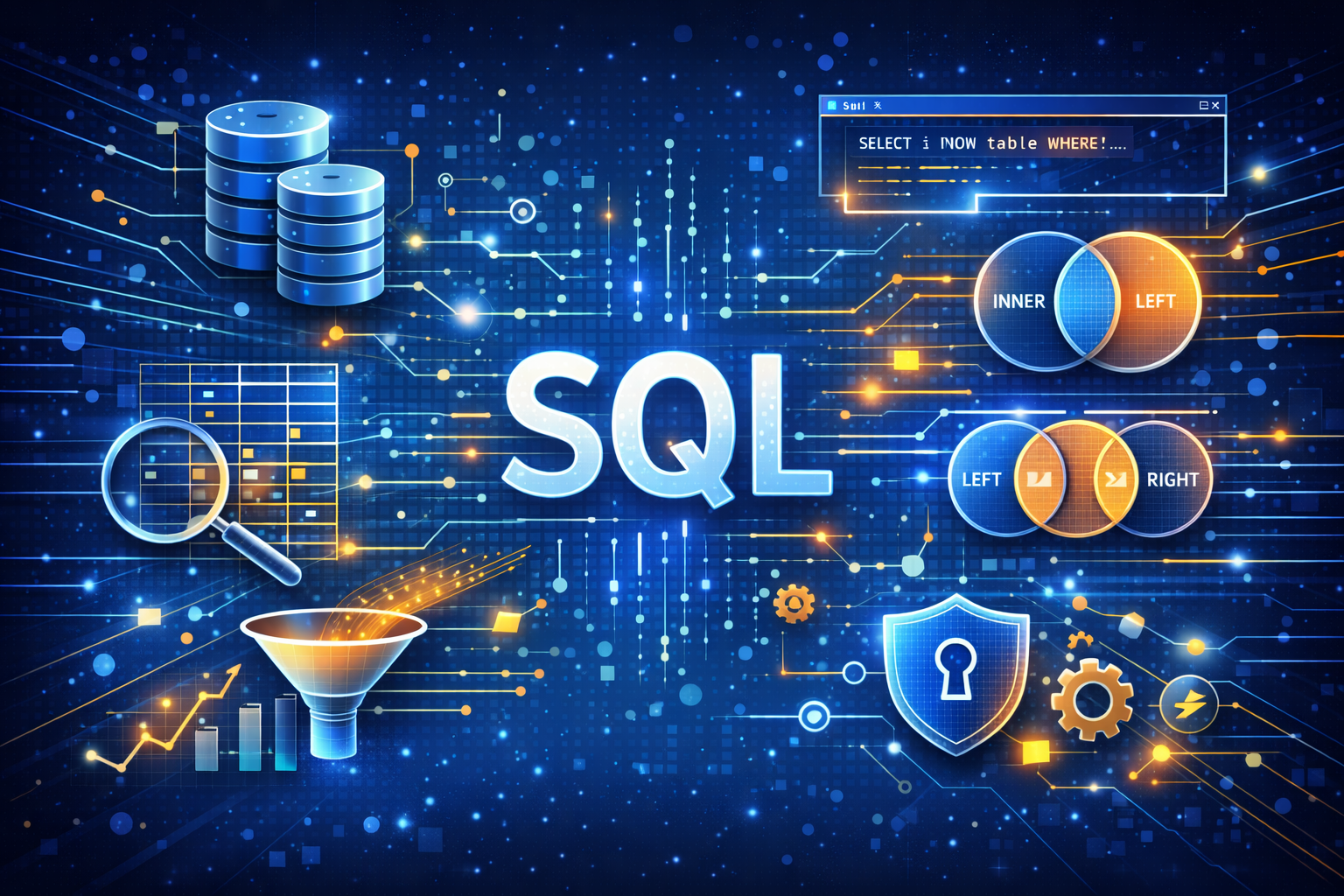Curso de SQL Avanzado. Imagen tecnológica para curso de SQL avanzado, consultas complejas, joins, subconsultas, CTE, window functions, optimización, índices y rendimiento
