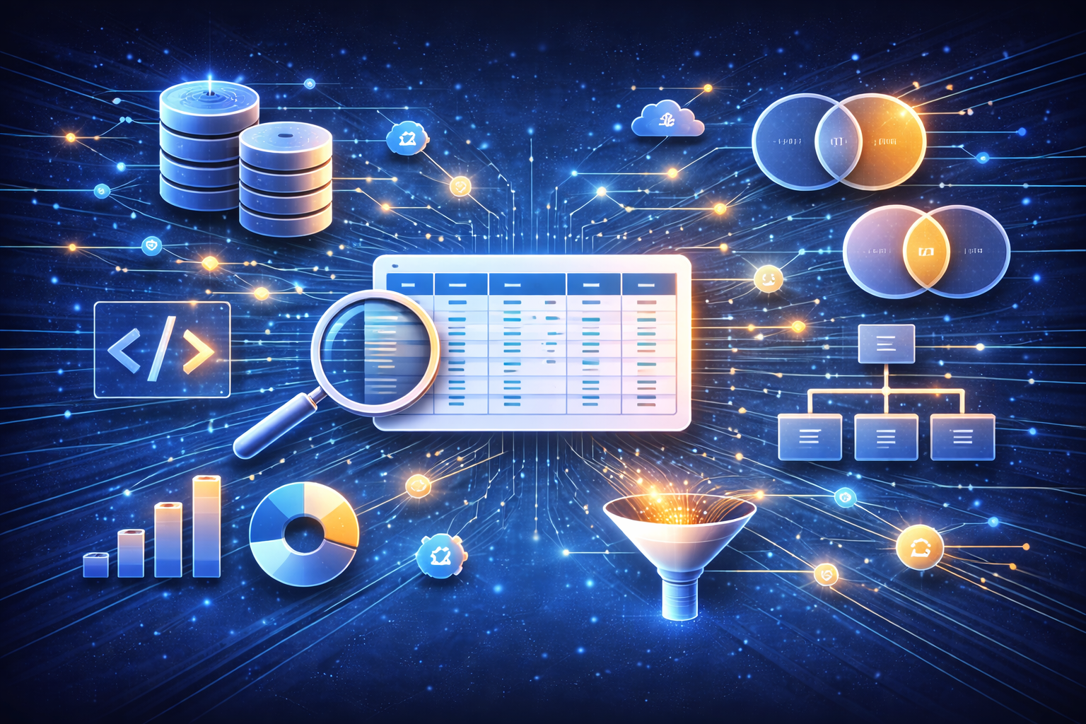 Curso de SQL Intermedio. Imagen tecnológica para curso de SQL intermedio, consultas SQL, joins, group by, subconsultas, funciones de agregación, bases de datos relacionales