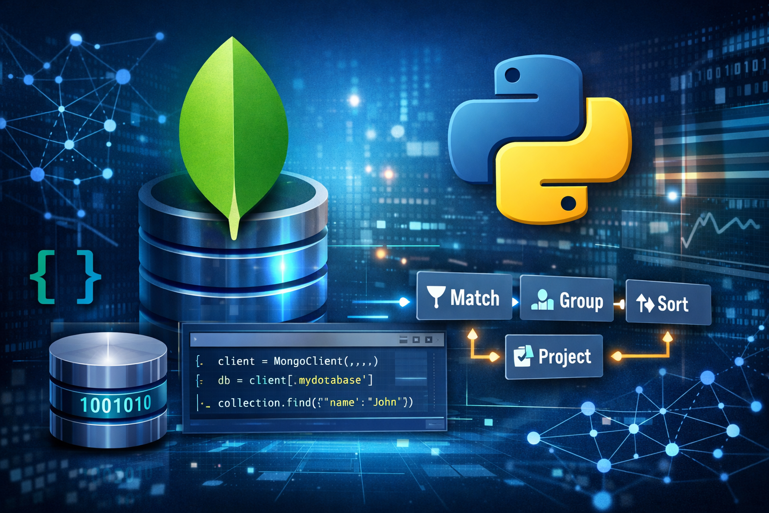 Aprende MongoDB con PyMongo en Python: bases, consultas y agregación. Ilustración tecnológica de MongoDB y Python (PyMongo) con base de datos, consultas y pipeline de agregación