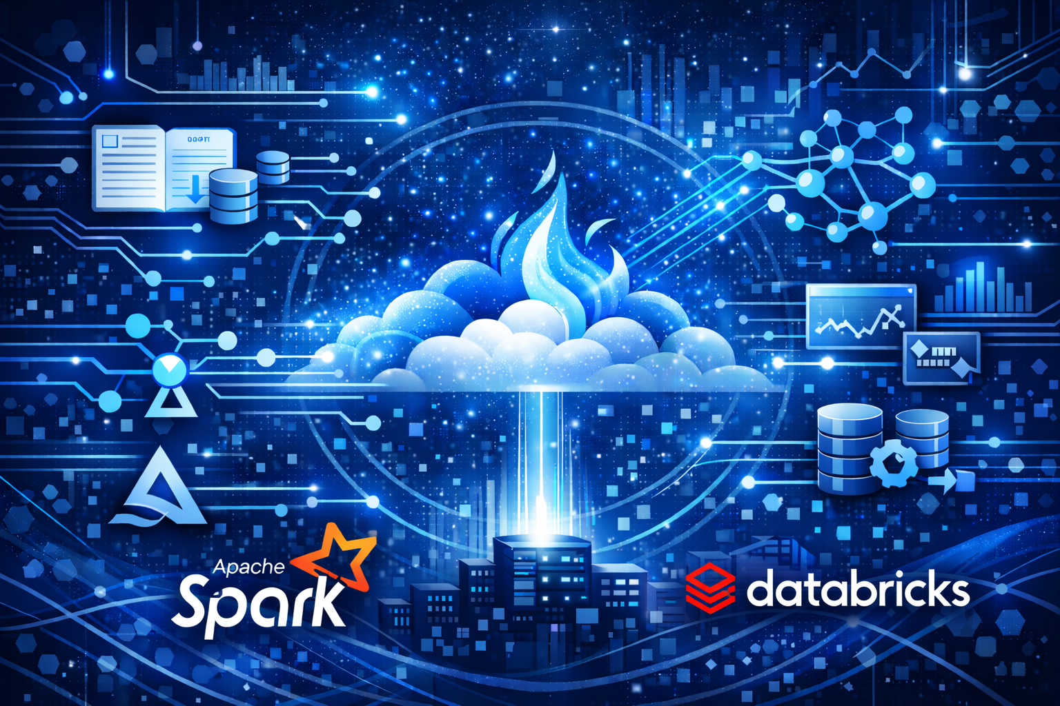 Curso de Apache Spark con Databricks: Procesamiento de Datos a Gran Escala, Imagen tecnológica para curso de Apache Spark con Databricks, big data, procesamiento distribuido, ETL, streaming, lakehouse, Delta Lake