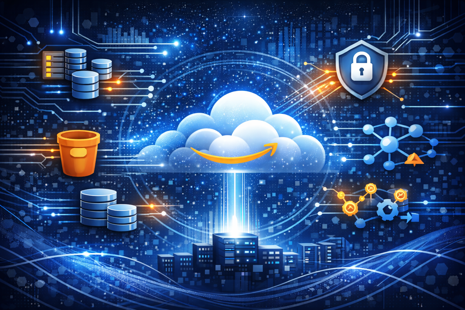 Curso de Fundamentos de AWS – CLF-C02. Imagen tecnológica para curso de Fundamentos de AWS (CLF-C02), cloud computing, servicios AWS, EC2, S3, IAM, seguridad, redes y bases de datos