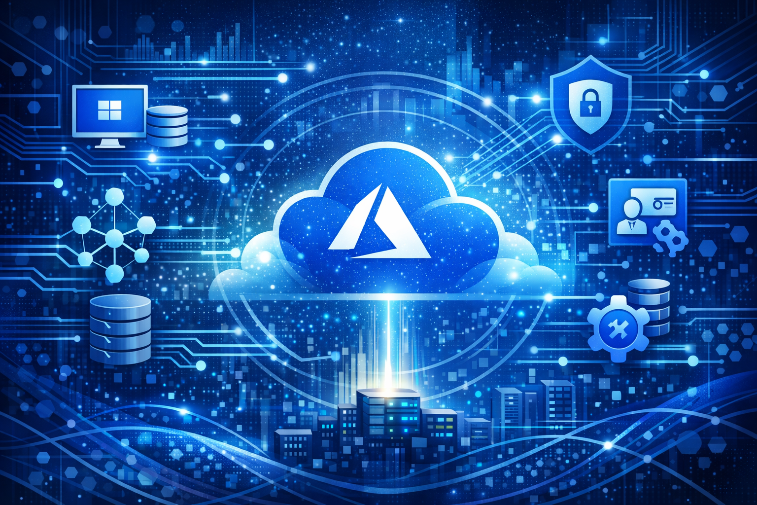 urso de Fundamentos de Azure – AZ-900. Imagen tecnológica para curso de Fundamentos de Microsoft Azure (AZ-900), cloud computing, servicios Azure, seguridad, identidad, redes y almacenamiento