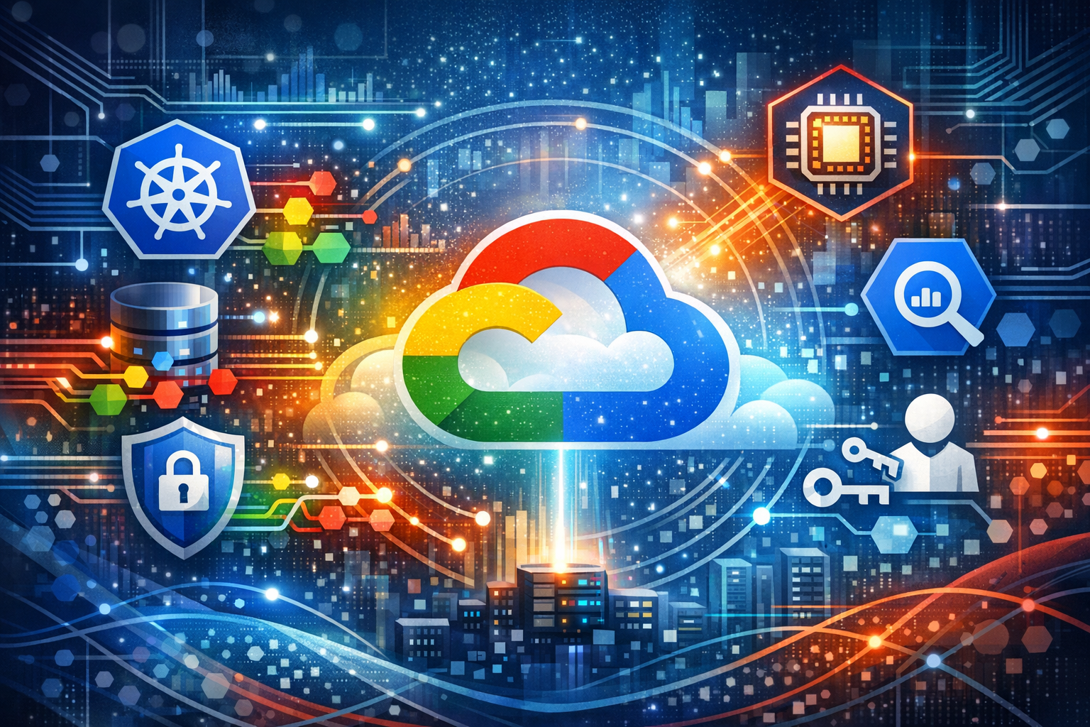 Curso de Fundamentos de Google Cloud (GCP) – GCP-DL. Imagen tecnológica para curso de fundamentos de Google Cloud Platform (GCP), cloud computing, Kubernetes, BigQuery, seguridad en la nube