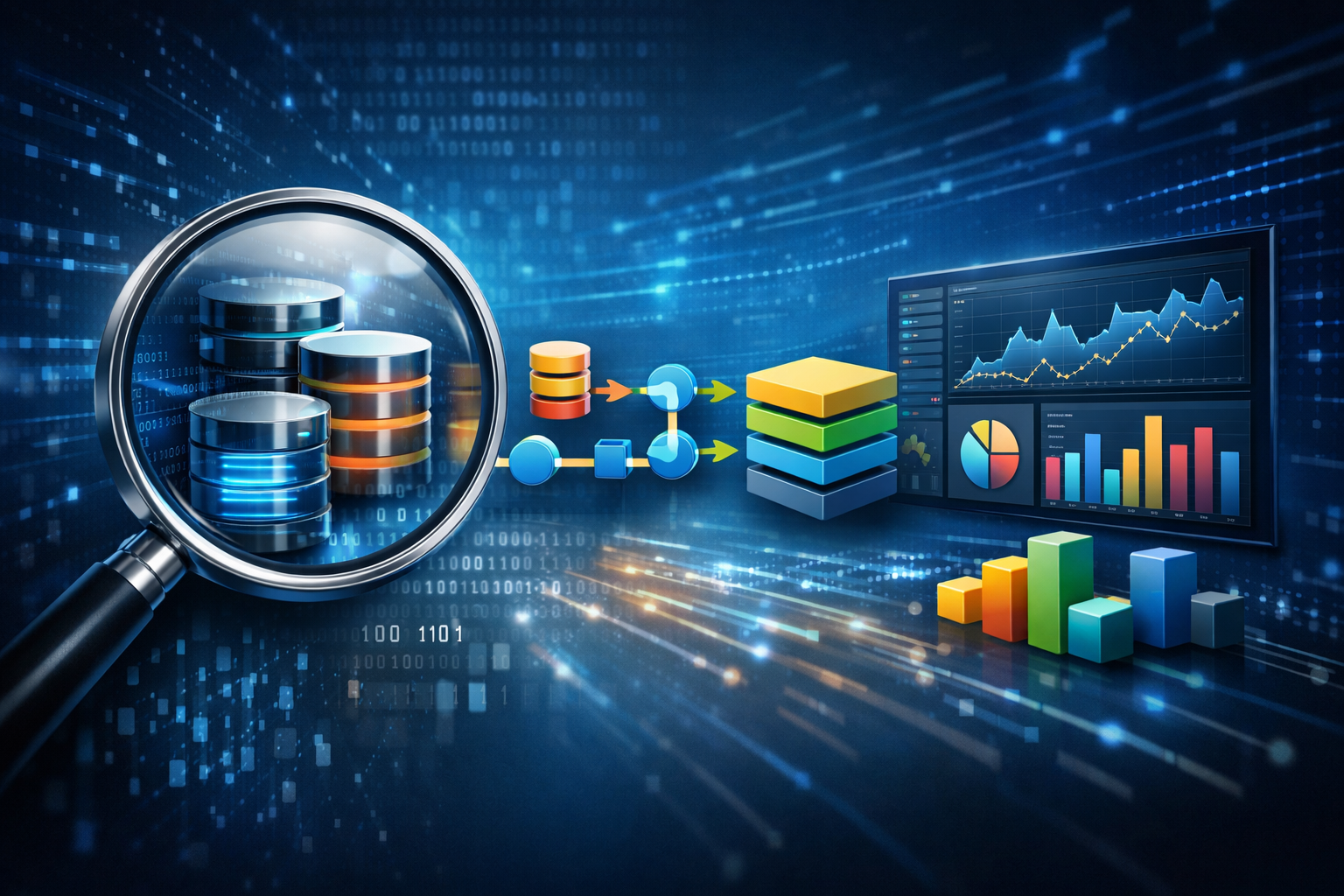 ELK Stack: Búsqueda y Análisis de Datos (Elasticsearch, Logstash, Kibana). Ilustración tecnológica de ELK Stack para búsqueda y análisis de datos con pipeline de logs, búsqueda y paneles de visualización tipo Kibana