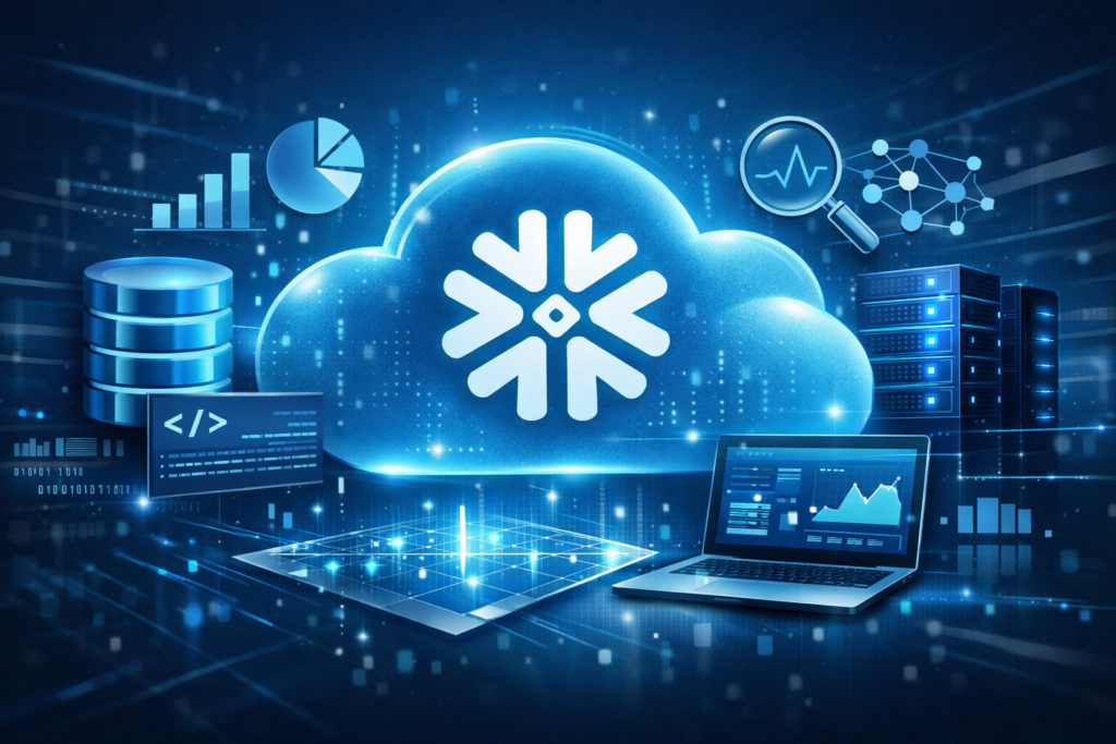 Qué es Snowflake: guía clara para entenderlo. Ilustración tecnológica de Snowflake como plataforma de data cloud y data warehouse, con iconos de analítica, bases de datos y servidores