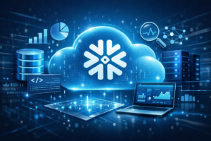 Qué es Snowflake: guía clara para entenderlo. Ilustración tecnológica de Snowflake como plataforma de data cloud y data warehouse, con iconos de analítica, bases de datos y servidores